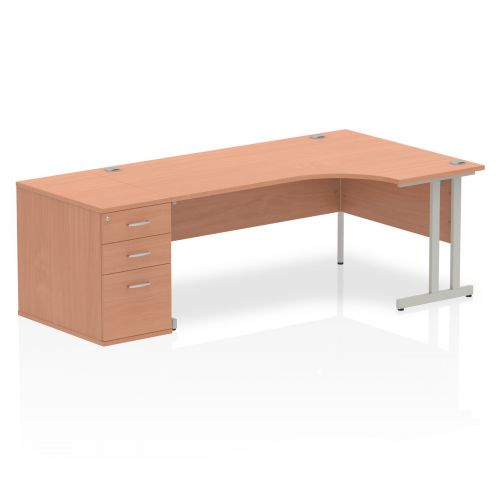 Dynamic Impulse 1800mm Right Crescent Desk Beech Top Silver Cantilever Leg Workstation 800mm Deep Desk High Pedestal Bundle I000577
