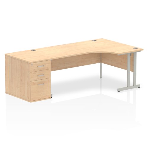 Dynamic Impulse 1800mm Right Crescent Desk Maple Top Silver Cantilever Leg Workstation 800mm Deep Desk High Pedestal Bundle I000580