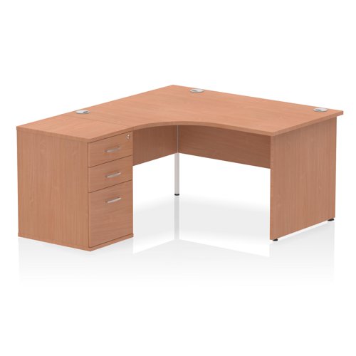 Impulse 1400mm Left Crescent Office Desk Beech Top Panel End Leg Workstation 600 Deep Desk High Pedestal