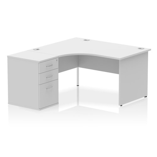 Impulse 1400mm Left Crescent Office Desk White Top Panel End Leg Workstation 600 Deep Desk High Pedestal