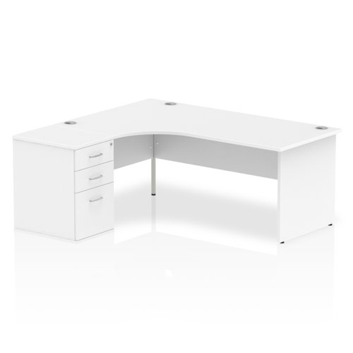 Dynamic Impulse 1800mm Left Crescent Desk White Top Panel End Leg Workstation 600mm Deep Desk High Pedestal Bundle I000590