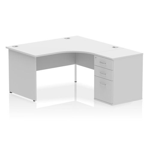 Impulse 1400mm Right Crescent Office Desk White Top Panel End Leg Workstation 600 Deep Desk High Pedestal