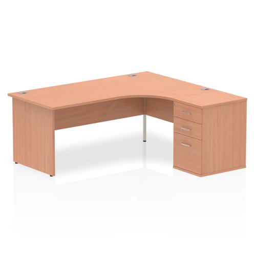 Impulse 1800mm Right Crescent Office Desk Beech Top Panel End Leg Workstation 600 Deep Desk High Pedestal