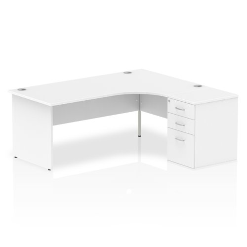 Impulse 1800mm Right Crescent Office Desk White Top Panel End Leg Workstation 600 Deep Desk High Pedestal