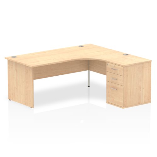 Impulse 1800mm Right Crescent Office Desk Maple Top Panel End Leg Workstation 600 Deep Desk High Pedestal