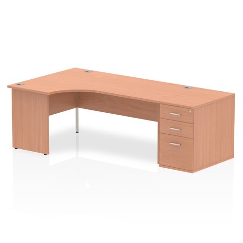 Impulse 1800mm Left Crescent Office Desk Beech Top Panel End Leg Workstation 800 Deep Desk High Pedestal