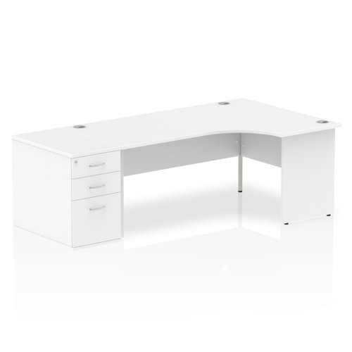 Impulse 1800mm Right Crescent Office Desk White Top Panel End Leg Workstation 800 Deep Desk High Pedestal