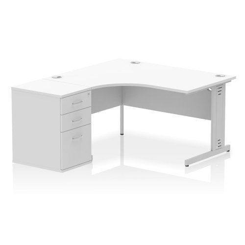 Impulse 1400mm Left Crescent Office Desk White Top Cable Managed Leg Workstation 600 Deep Desk High Pedestal