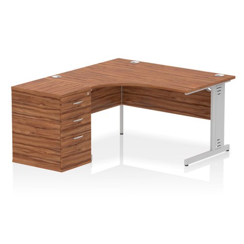 Impulse 1400mm Left Crescent Office Desk Walnut Top Cable Managed Leg Workstation 600 Deep Desk High Pedestal