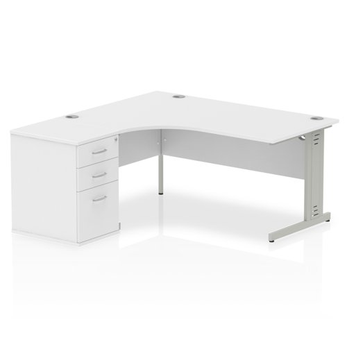 Impulse 1600mm Left Crescent Office Desk White Top Silver Cable Managed Leg Workstation 600 Deep Desk High Pedestal