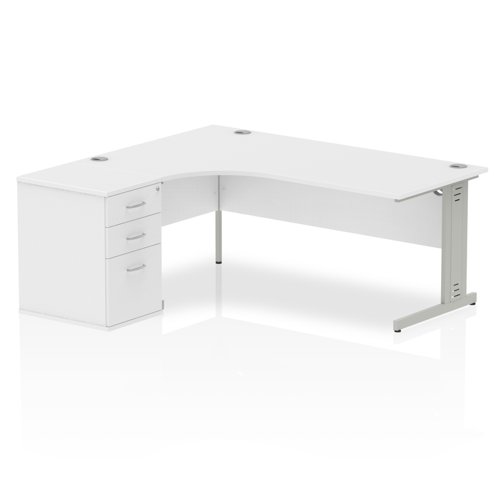 Impulse 1800mm Left Crescent Office Desk White Top Silver Cable Managed Leg Workstation 600 Deep Desk High Pedestal