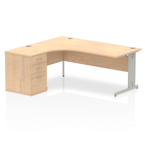 Impulse 1800mm Left Crescent Office Desk Maple Top Silver Cable Managed Leg Workstation 600 Deep Desk High Pedestal