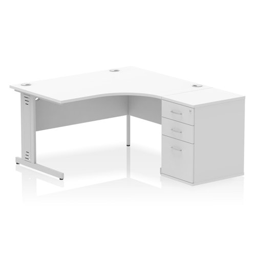 Impulse 1400mm Right Crescent Office Desk White Top Cable Managed Leg Workstation 600 Deep Desk High Pedestal