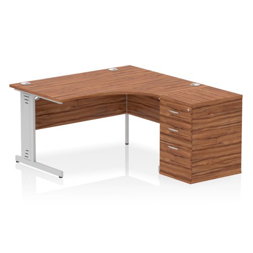 Impulse 1400mm Right Crescent Office Desk Walnut Top Cable Managed Leg Workstation 600 Deep Desk High Pedestal