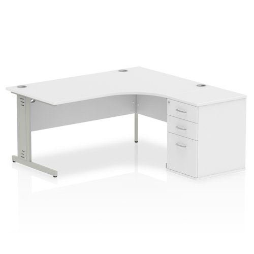 Impulse 1600mm Right Crescent Office Desk White Top Silver Cable Managed Leg Workstation 600 Deep Desk High Pedestal