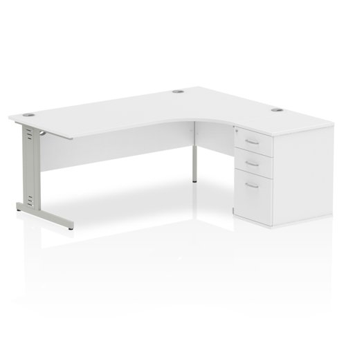 Impulse 1800mm Right Crescent Office Desk White Top Silver Cable Managed Leg Workstation 600 Deep Desk High Pedestal