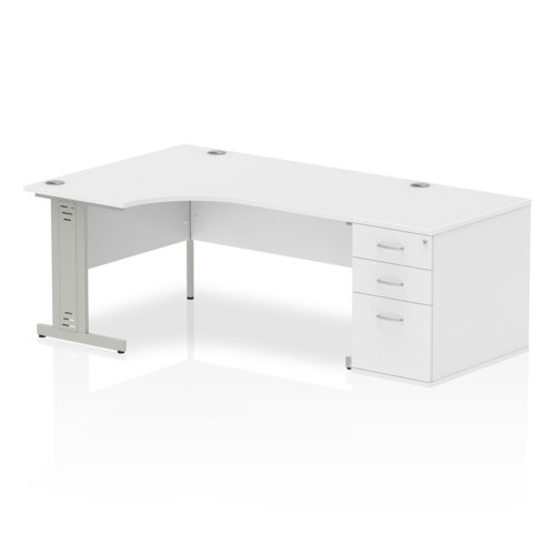 Impulse 1600mm Left Crescent Office Desk White Top Silver Cable Managed Leg Workstation 800 Deep Desk High Pedestal