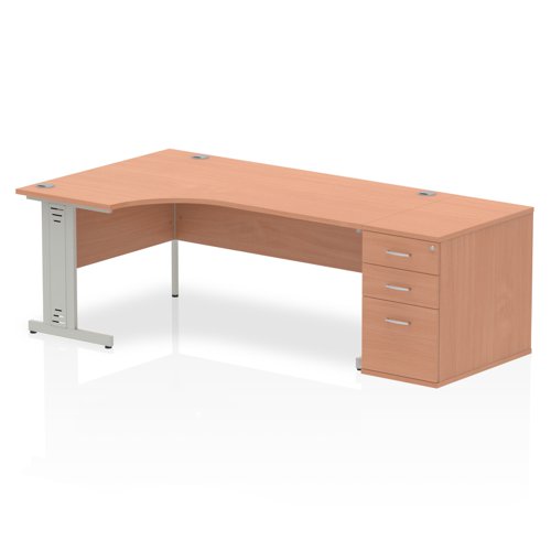 Impulse 1800mm Left Crescent Office Desk Beech Top Silver Cable Managed Leg Workstation 800 Deep Desk High Pedestal