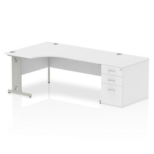 Impulse 1800mm Left Crescent Office Desk White Top Silver Cable Managed Leg Workstation 800 Deep Desk High Pedestal