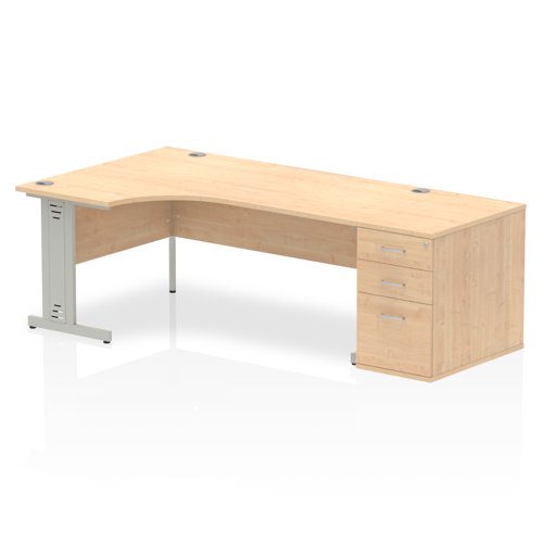 Impulse 1800mm Left Crescent Office Desk Maple Top Silver Cable Managed Leg Workstation 800 Deep Desk High Pedestal