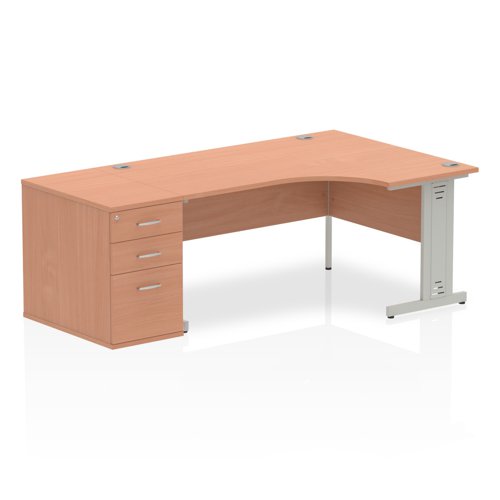 Impulse 1600mm Right Crescent Office Desk Beech Top Silver Cable Managed Leg Workstation 800 Deep Desk High Pedestal