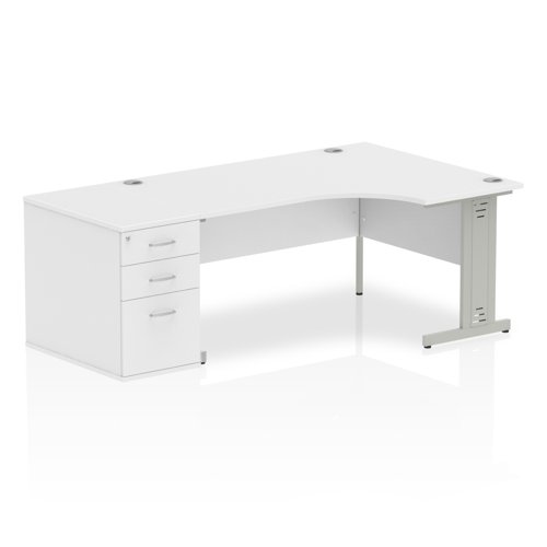 Impulse 1600mm Right Crescent Office Desk White Top Silver Cable Managed Leg Workstation 800 Deep Desk High Pedestal