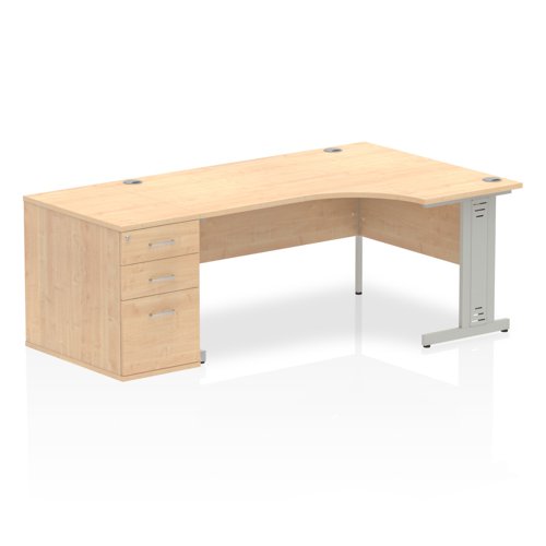 Impulse 1600mm Right Crescent Office Desk Maple Top Silver Cable Managed Leg Workstation 800 Deep Desk High Pedestal
