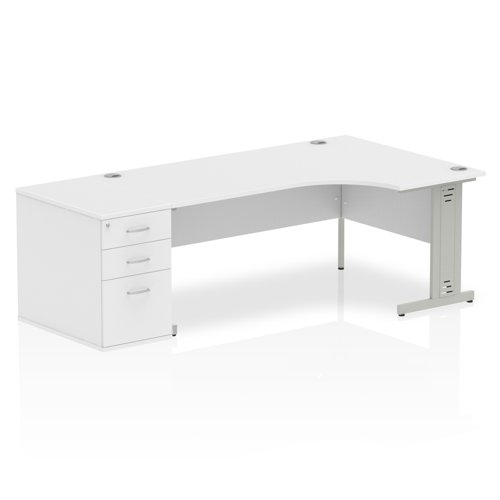 Dynamic Impulse 1800mm Right Crescent Desk White Top Silver Cable Managed Leg Workstation 800mm Deep Desk High Pedestal Bundle I000674