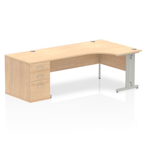 Impulse 1800mm Right Crescent Office Desk Maple Top Silver Cable Managed Leg Workstation 800 Deep Desk High Pedestal