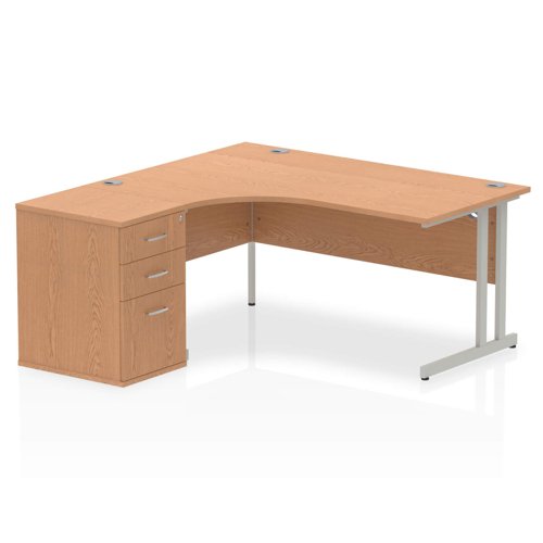 Impulse 1600mm Left Crescent Office Desk Oak Top Silver Cantilever Leg Workstation 600 Deep Desk High Pedestal