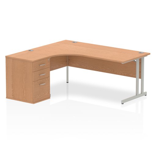 Impulse 1800mm Left Crescent Office Desk Oak Top Silver Cantilever Leg Workstation 600 Deep Desk High Pedestal