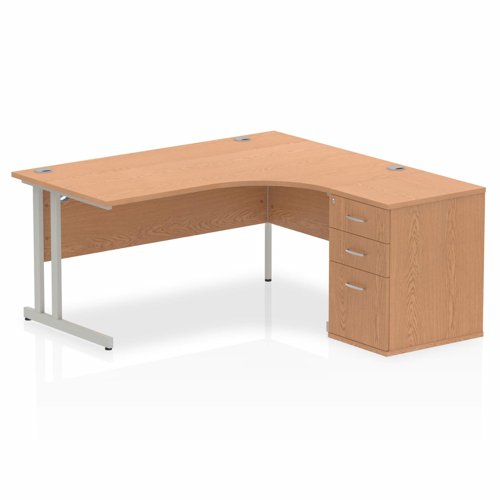 Impulse 1600mm Right Crescent Office Desk Oak Top Silver Cantilever Leg Workstation 600 Deep Desk High Pedestal