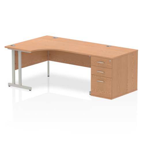 Impulse 1600mm Left Crescent Office Desk Oak Top Silver Cantilever Leg Workstation 800 Deep Desk High Pedestal