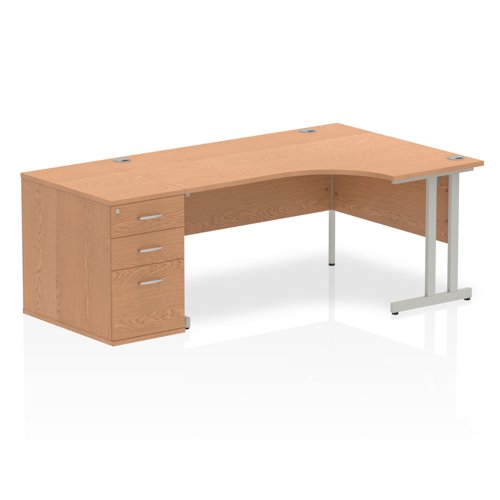 Impulse 1600mm Right Crescent Office Desk Oak Top Silver Cantilever Leg Workstation 800 Deep Desk High Pedestal