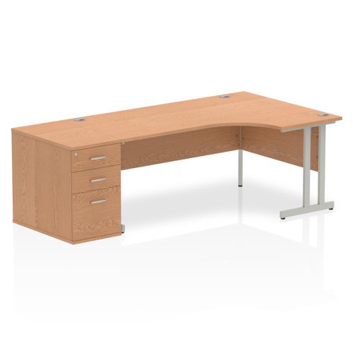 Impulse 1800mm Right Crescent Office Desk Oak Top Silver Cantilever Leg Workstation 800 Deep Desk High Pedestal
