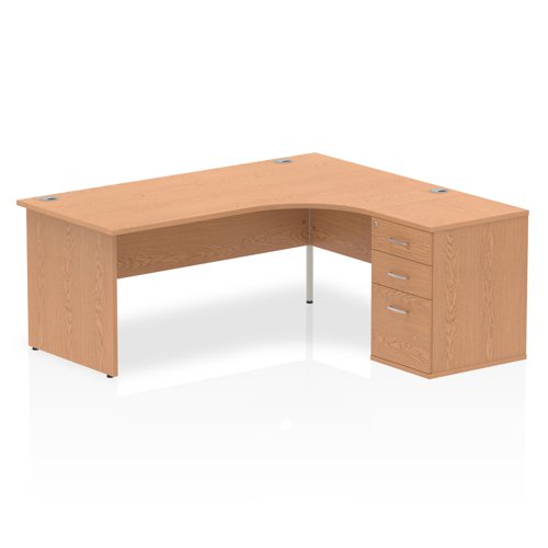 Dynamic Impulse 1800mm Right Crescent Desk Oak Top Panel End Leg Workstation 600mm Deep Desk High Pedestal Bundle I000884