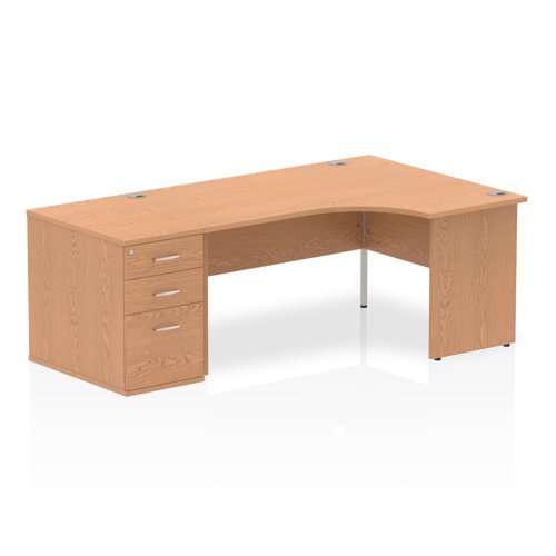 Dynamic Impulse 1600mm Right Crescent Desk Oak Top Panel End Leg Workstation 800mm Deep Desk High Pedestal Bundle I000889
