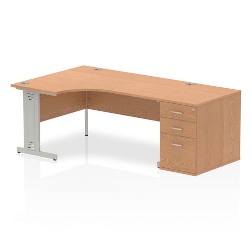 Impulse 1600mm Left Crescent Office Desk Oak Top Silver Cable Managed Leg Workstation 800 Deep Desk High Pedestal