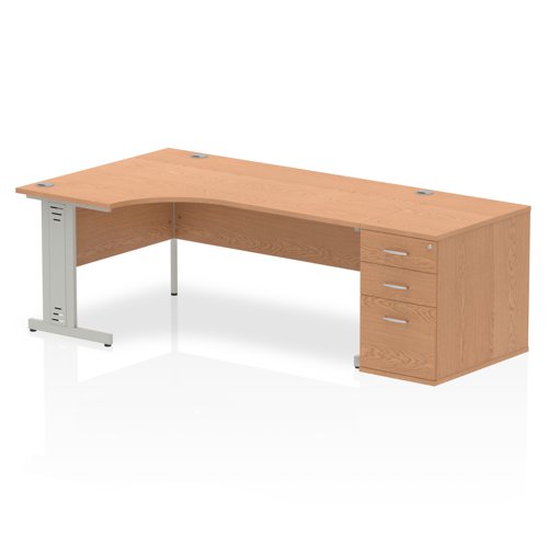 Impulse 1800mm Left Crescent Office Desk Oak Top Silver Cable Managed Leg Workstation 800 Deep Desk High Pedestal