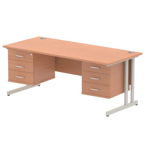 Impulse 1800 Rectangle Silver Cant Leg Desk Beech 2 x 3 Drawer Fixed Ped