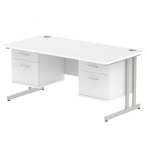 Impulse 1600 Rectangle Silver Cant Leg Desk WHITE 2 x 2 Drawer Fixed Ped