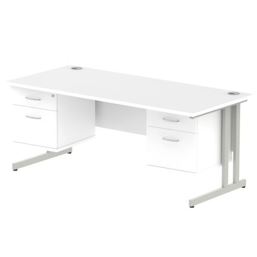 Impulse 1800 Rectangle Silver Cant Leg Desk WHITE 2 x 2 Drawer Fixed Ped