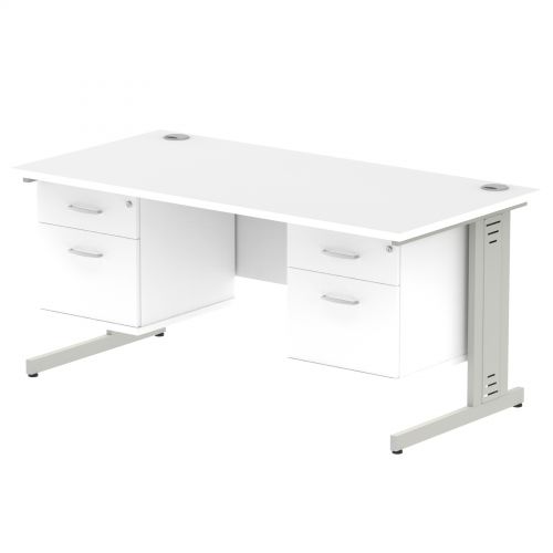 Impulse 1600 Rectangle Silver Cable Managed Leg Desk WHITE 2 x 2 Drawer Fixed Ped