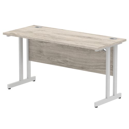 Impulse 1400 x 600mm Straight Office Desk Grey Oak Top Silver Cantilever Leg