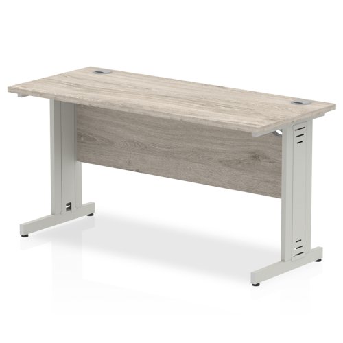 Impulse 1400 x 600mm Straight Office Desk Grey Oak Top Silver Cable Managed Leg