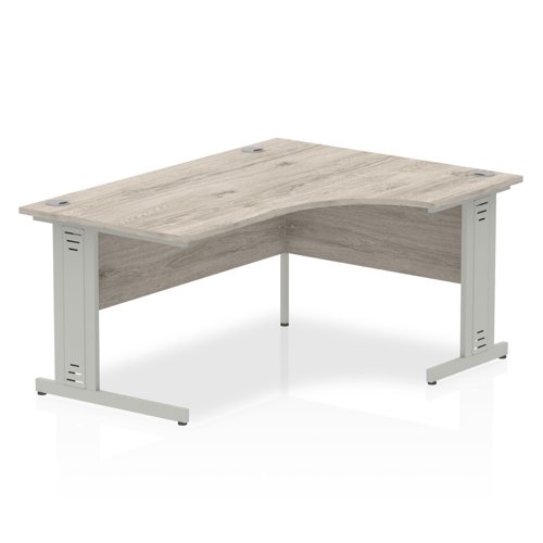 Impulse 1600mm Right Crescent Office Desk Grey Oak Top Silver Cable Managed Leg