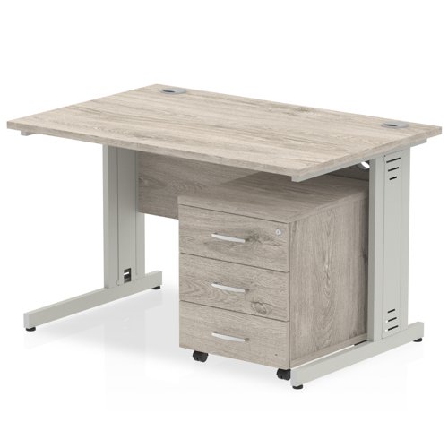 Impulse 1200 x 800mm Straight Office Desk Grey Oak Top Silver Cable Managed Leg Workstation 3 Drawer Mobile Pedestal
