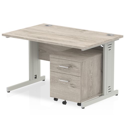 Impulse 1200 x 800mm Straight Office Desk Grey Oak Top Silver Cable Managed Leg Workstation 2 Drawer Mobile Pedestal