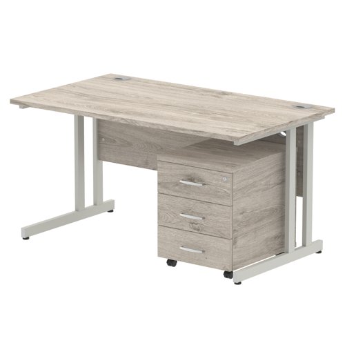 Impulse 1400 x 800mm Straight Office Desk Grey Oak Top Silver Cantilever Leg Workstation 3 Drawer Mobile Pedestal