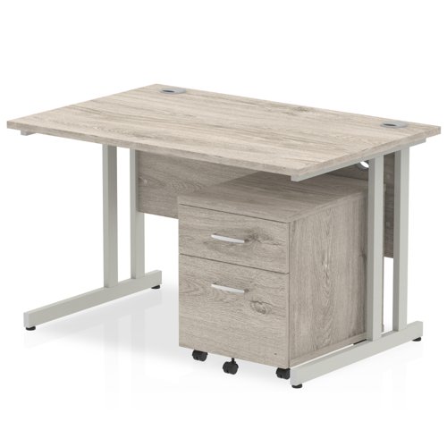 Impulse 1400 x 800mm Straight Office Desk Grey Oak Top Silver Cantilever Leg Workstation 2 Drawer Mobile Pedestal